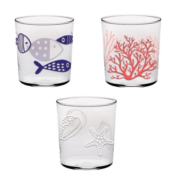 CERVE Set 3 Bicchieri Acqua decorati pesci, conchiglie e coralli assortiti PLAGE Conic