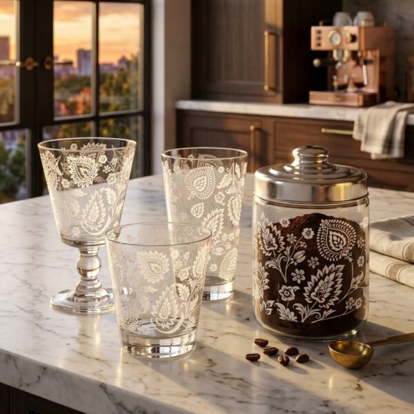 CERVE collezione Cachemire bicchieri e vaso decoro bianco paisley