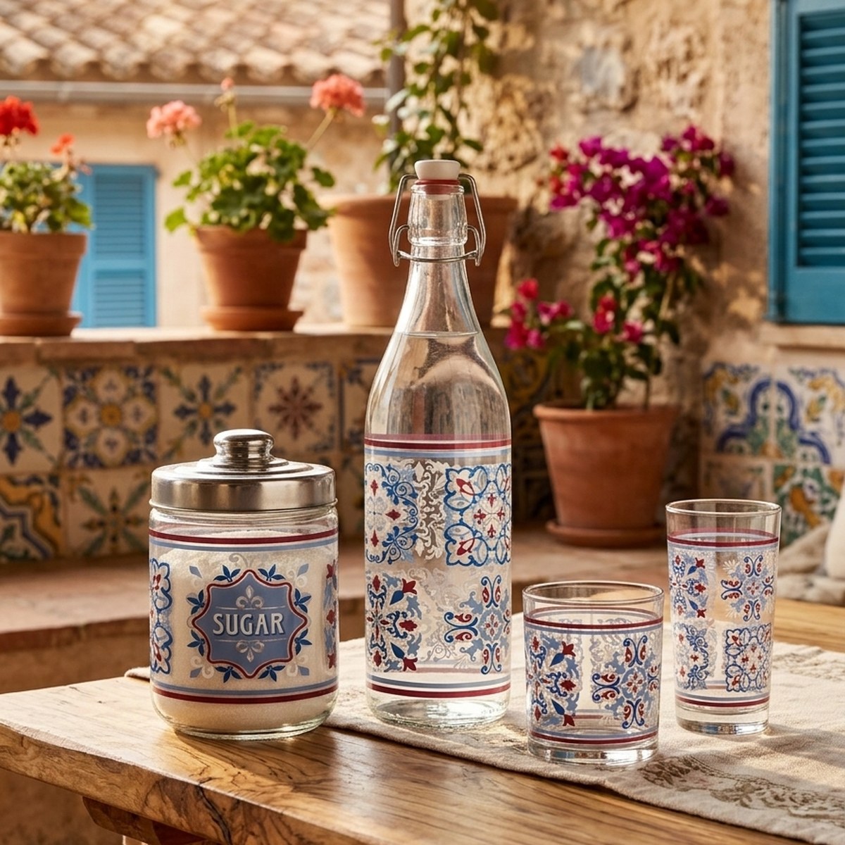 CERVE collezione Elba decoro maioliche bottiglia bicchieri e vaso