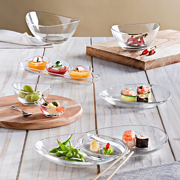Collezione PAPAYA VIDIVI in vetro: coppe, coppette, antipastiera e set antipasto apparecchiati su tavola